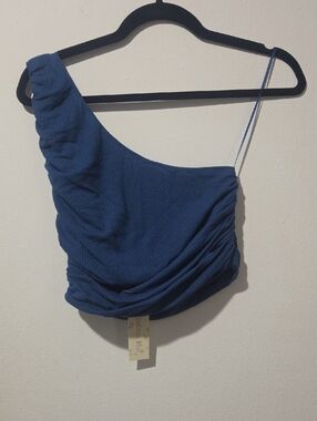 One-Shoulder Blue Ruched Crop Top